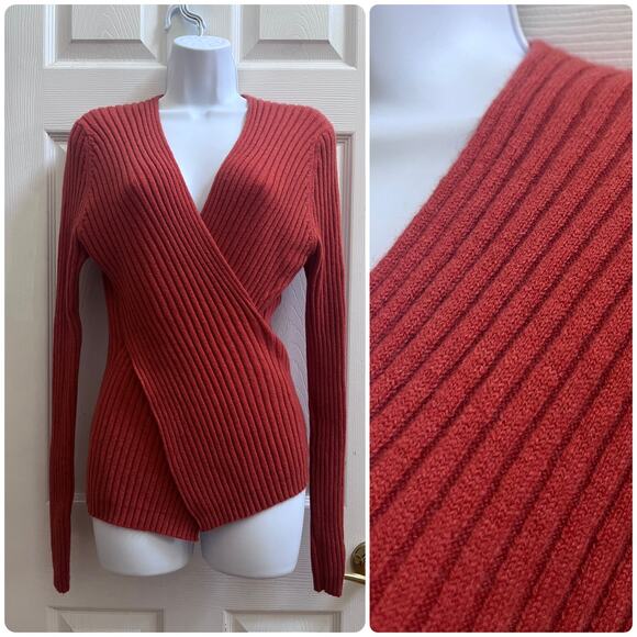Terryl for Thalian Cashmere Blend Rib Deep V Faux Wrap Pullover Sweater Medium - Picture 1 of 10